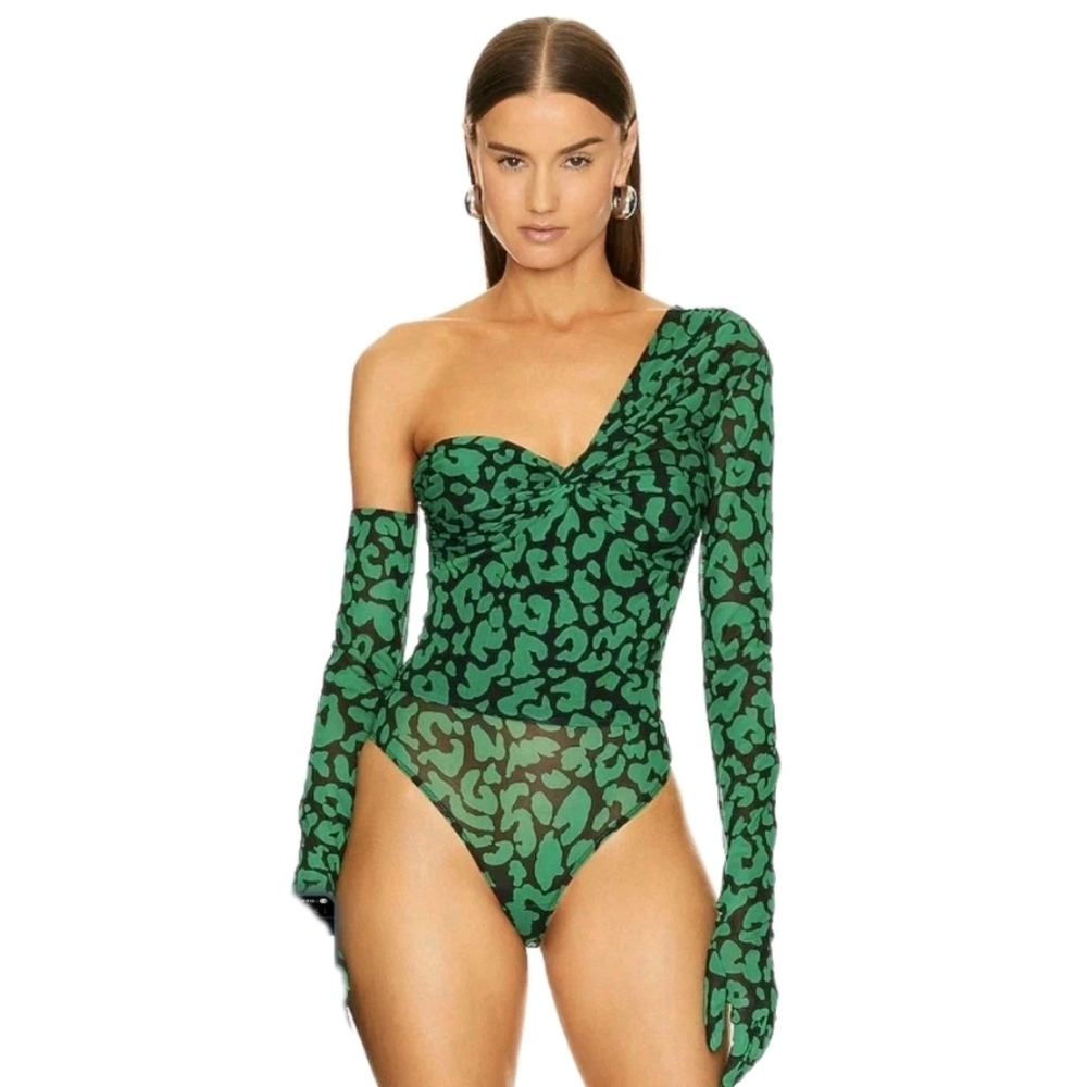 Michael Costello Green Animal Print One-Shoulder Bodysuit - Picture 3 of 9